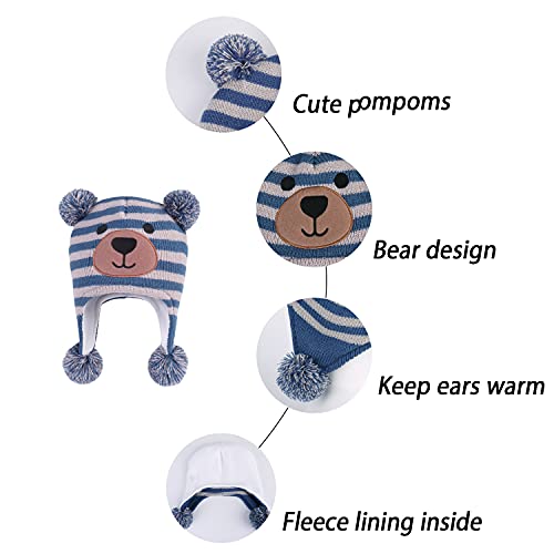 LANGZHEN Toddler Kids Infant Winter Hat,Earflap Knit Warm Cap Fleece Lined Beanie for Baby Boys Girls,Bear -Blue+Grey Stripe 2-4 Years