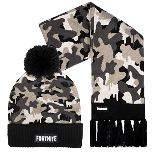 Fortnite Children's Hat & Scarf Set - Grey Woolly Hat & Gloves Camo Design - One Size Fits 12-16 Years - Official Merchandise