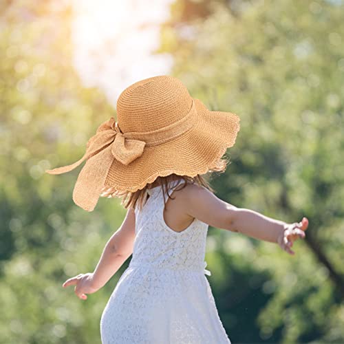 Kunyeah Kids Girl Summer Straw Hat Foldable Wide Brim Cap Sun Visor Hats Sun Protection Beach Hats Bowknot Floppy Cap (Khaki)