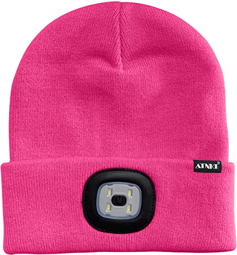 ATNKE Kids LED Lighted Beanie Cap, USB Rechargeable 4 LED Headlamp Waterproof Winter Warmer Knit Night Hats with Light for Boys Girls/Rose Red