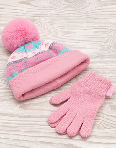 Barbie Hat and Gloves Set Kids | Children Girls Pink Silver Logo Fairisle Winter Double Lined Pom Beanie | One Size Hat