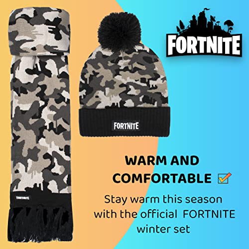 Fortnite Children's Hat & Scarf Set - Grey Woolly Hat & Gloves Camo Design - One Size Fits 12-16 Years - Official Merchandise