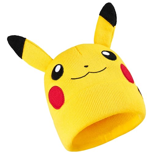 Pokemon Beanie Hat for Kids - Warm Cosy Knitted Winter Hats for Kids Pikachu One Size - Anime Gifts for Kids Yellow