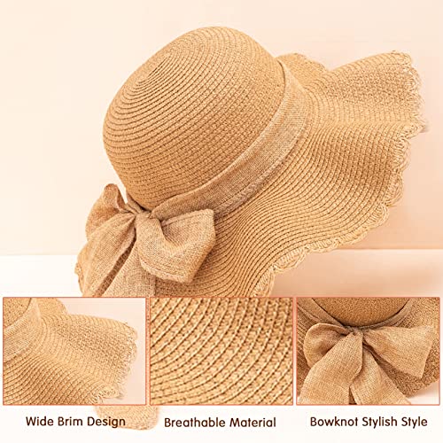 Kunyeah Kids Girl Summer Straw Hat Foldable Wide Brim Cap Sun Visor Hats Sun Protection Beach Hats Bowknot Floppy Cap (Khaki)