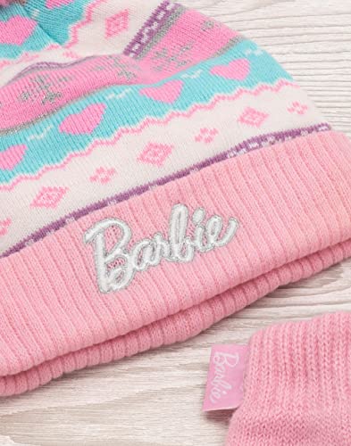 Barbie Hat and Gloves Set Kids | Children Girls Pink Silver Logo Fairisle Winter Double Lined Pom Beanie | One Size Hat