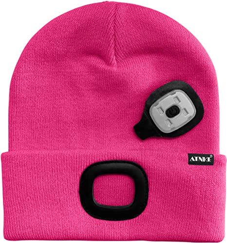 ATNKE Kids LED Lighted Beanie Cap, USB Rechargeable 4 LED Headlamp Waterproof Winter Warmer Knit Night Hats with Light for Boys Girls/Rose Red