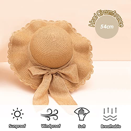 Kunyeah Kids Girl Summer Straw Hat Foldable Wide Brim Cap Sun Visor Hats Sun Protection Beach Hats Bowknot Floppy Cap (Khaki)