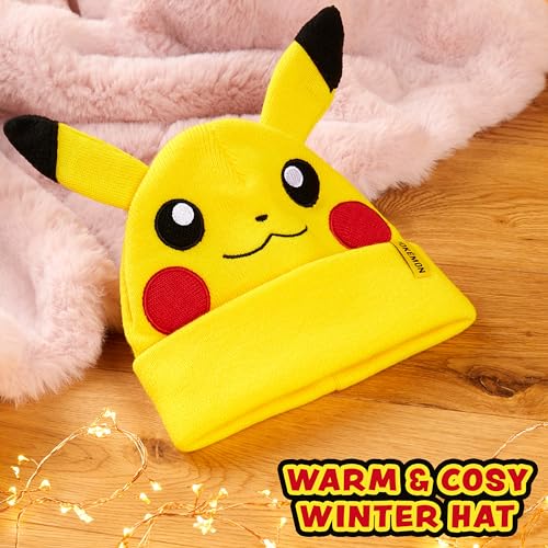 Pokemon Beanie Hat for Kids - Warm Cosy Knitted Winter Hats for Kids Pikachu One Size - Anime Gifts for Kids Yellow