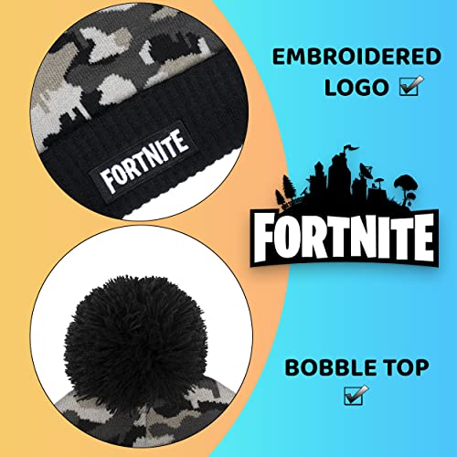 Fortnite Children's Hat & Scarf Set - Grey Woolly Hat & Gloves Camo Design - One Size Fits 12-16 Years - Official Merchandise