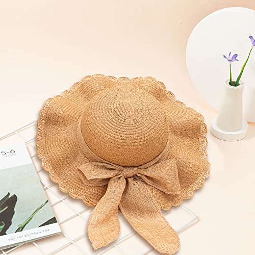 Kunyeah Kids Girl Summer Straw Hat Foldable Wide Brim Cap Sun Visor Hats Sun Protection Beach Hats Bowknot Floppy Cap (Khaki)