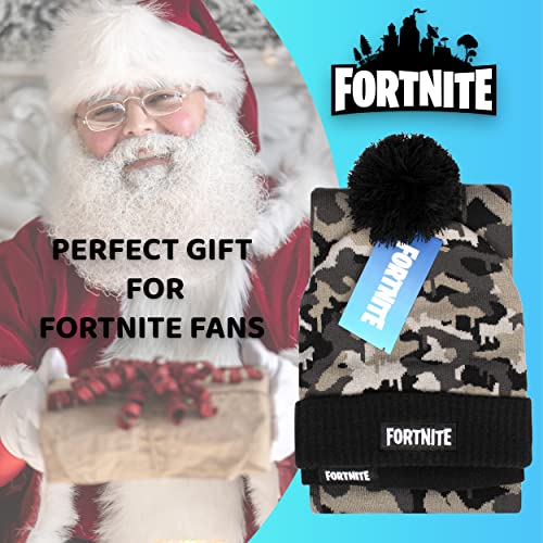 Fortnite Children's Hat & Scarf Set - Grey Woolly Hat & Gloves Camo Design - One Size Fits 12-16 Years - Official Merchandise