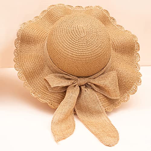 Kunyeah Kids Girl Summer Straw Hat Foldable Wide Brim Cap Sun Visor Hats Sun Protection Beach Hats Bowknot Floppy Cap (Khaki)