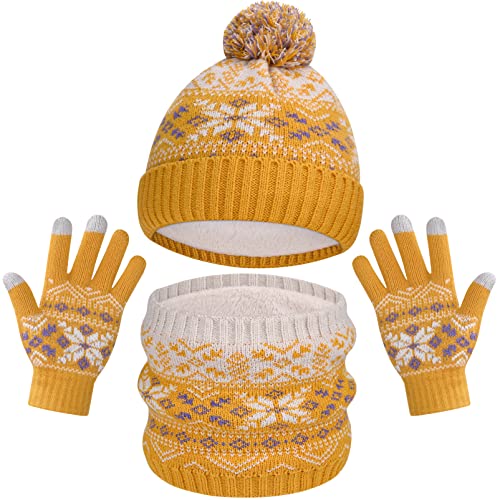 AOTOW Boys Hat Scarf and Gloves Set - Girls Kids Hat and Gloves Set 3pcs Winter Thermal Knitted Beanie Cap & Circle Scarf & Mittens with Fleece Lining for Children Warm 5-10 Years Old/Yellow