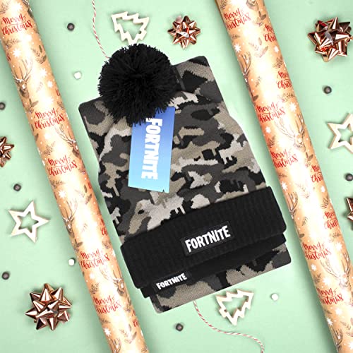 Fortnite Children's Hat & Scarf Set - Grey Woolly Hat & Gloves Camo Design - One Size Fits 12-16 Years - Official Merchandise