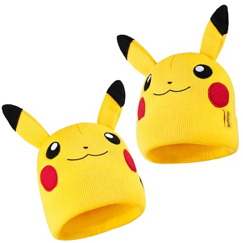 Pokemon Beanie Hat for Kids - Warm Cosy Knitted Winter Hats for Kids Pikachu One Size - Anime Gifts for Kids Yellow