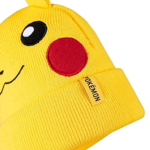 Pokemon Beanie Hat for Kids - Warm Cosy Knitted Winter Hats for Kids Pikachu One Size - Anime Gifts for Kids Yellow