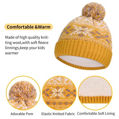 AOTOW Boys Hat Scarf and Gloves Set - Girls Kids Hat and Gloves Set 3pcs Winter Thermal Knitted Beanie Cap & Circle Scarf & Mittens with Fleece Lining for Children Warm 5-10 Years Old/Yellow