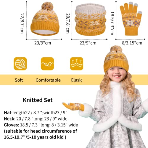 AOTOW Boys Hat Scarf and Gloves Set - Girls Kids Hat and Gloves Set 3pcs Winter Thermal Knitted Beanie Cap & Circle Scarf & Mittens with Fleece Lining for Children Warm 5-10 Years Old/Yellow