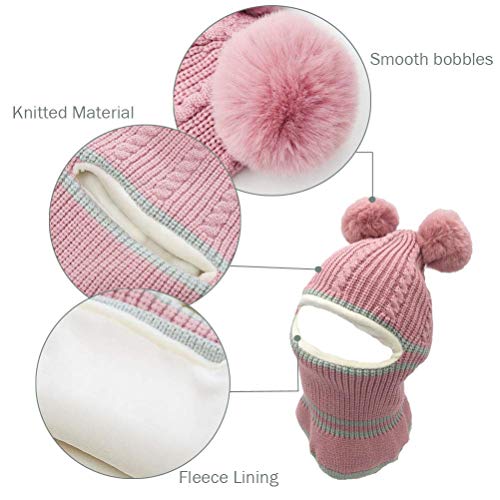 Uniyoung Baby Girls Boys Winter Warm Hat Kids Children Knit Double Pom Pom Beanie Hat Earflap with Fleece Lining Skiing Snowboard Cap (Pink)