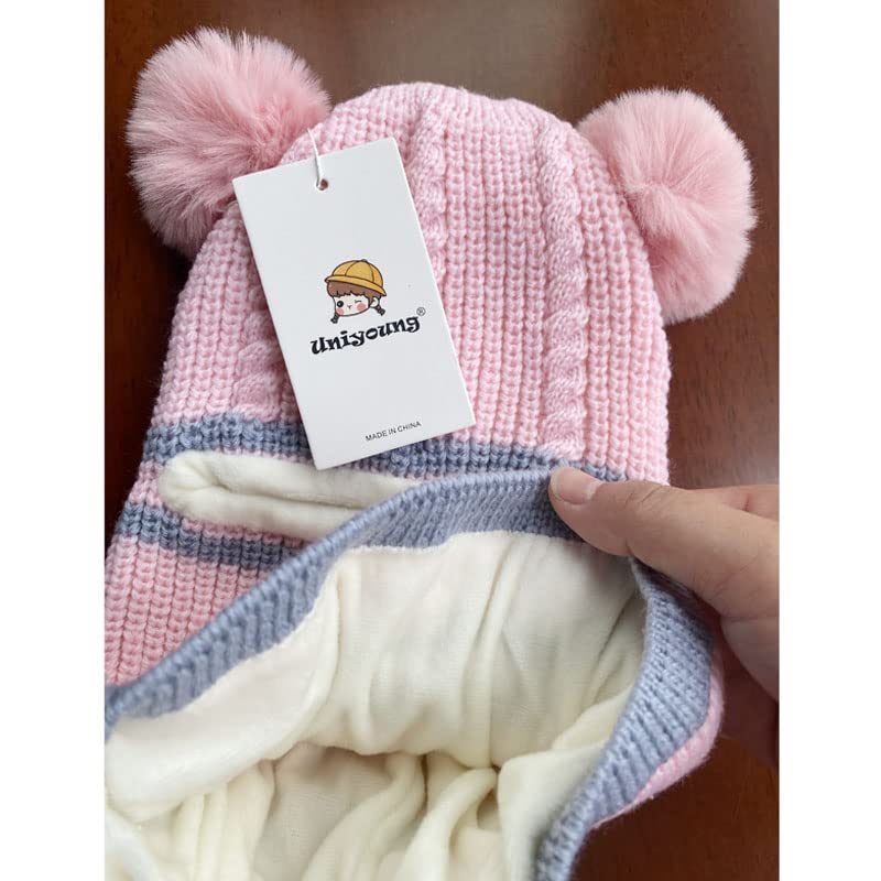 Uniyoung Baby Girls Boys Winter Warm Hat Kids Children Knit Double Pom Pom Beanie Hat Earflap with Fleece Lining Skiing Snowboard Cap (Pink)
