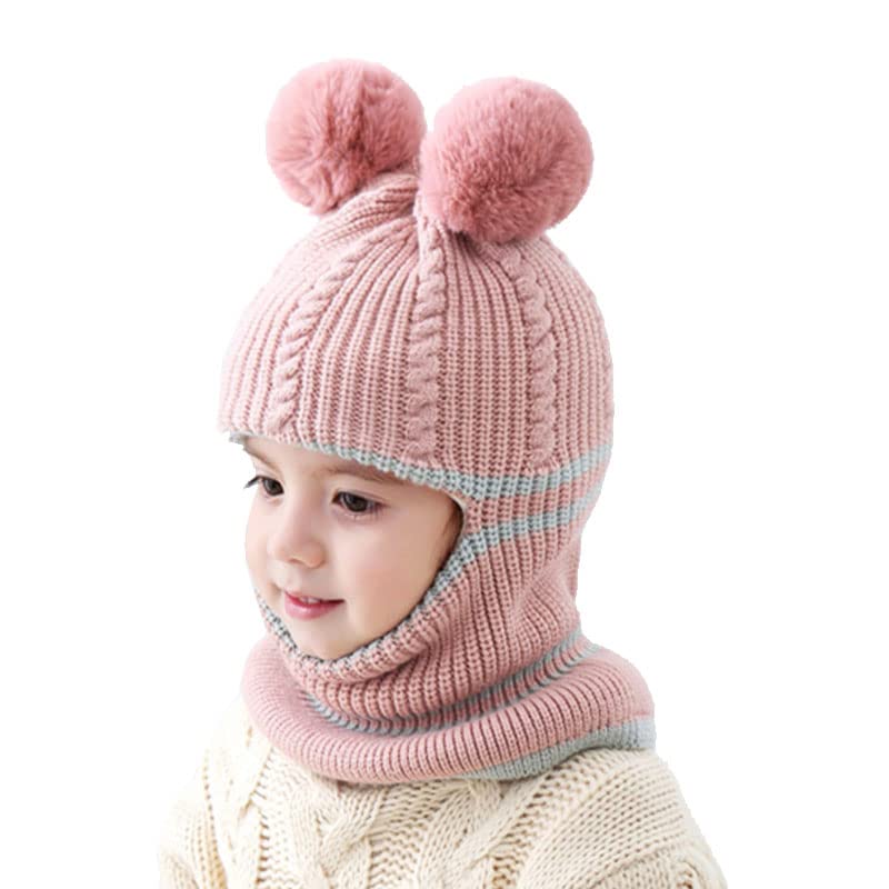 Uniyoung Baby Girls Boys Winter Warm Hat Kids Children Knit Double Pom Pom Beanie Hat Earflap with Fleece Lining Skiing Snowboard Cap (Pink)