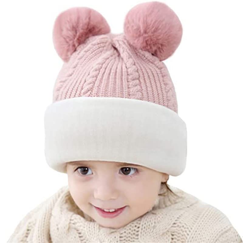 Uniyoung Baby Girls Boys Winter Warm Hat Kids Children Knit Double Pom Pom Beanie Hat Earflap with Fleece Lining Skiing Snowboard Cap (Pink)
