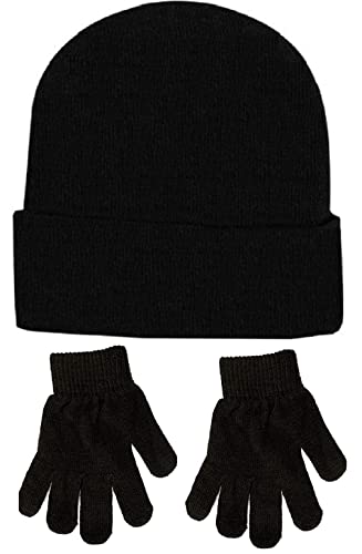 Children's Kids Girls Boys Stretchy Thermal Lined Plain Black Hat And Gloves 5 to 10 Yeas Approx Size for Winter Autumn