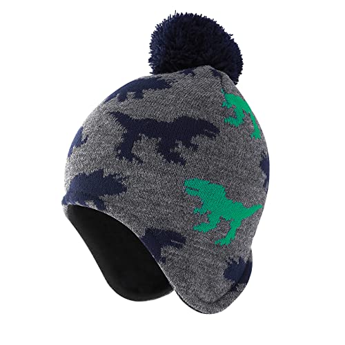 WLLHYF Boys Winter Hat Earflap Knitted Beanie for Kids Toddler Baby Hat Fleece Lining Dinosaur Cap with Pompom Warm Cute Children Cap for Boys Girls Gray