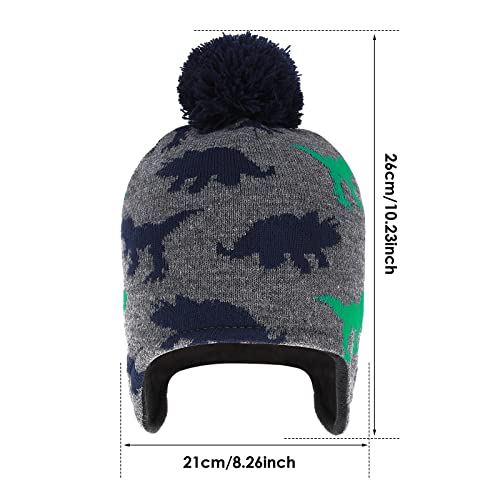 WLLHYF Boys Winter Hat Earflap Knitted Beanie for Kids Toddler Baby Hat Fleece Lining Dinosaur Cap with Pompom Warm Cute Children Cap for Boys Girls Gray