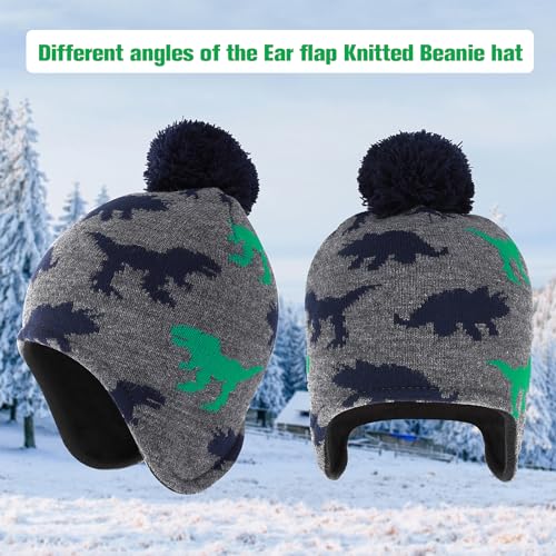 WLLHYF Boys Winter Hat Earflap Knitted Beanie for Kids Toddler Baby Hat Fleece Lining Dinosaur Cap with Pompom Warm Cute Children Cap for Boys Girls Gray