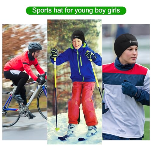 Oscenny Cycling Cap Under Helmet,Skull Cap,Help Hearing Design,Stretch Soft Wind-Proof Water-Proof for Outdoor Sports ski,Football,Running for Young Boys Gilrs Children Winter (Black-Kids(10-15Y))