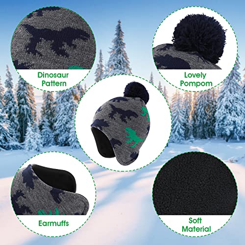 WLLHYF Boys Winter Hat Earflap Knitted Beanie for Kids Toddler Baby Hat Fleece Lining Dinosaur Cap with Pompom Warm Cute Children Cap for Boys Girls Gray