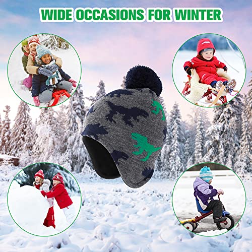 WLLHYF Boys Winter Hat Earflap Knitted Beanie for Kids Toddler Baby Hat Fleece Lining Dinosaur Cap with Pompom Warm Cute Children Cap for Boys Girls Gray