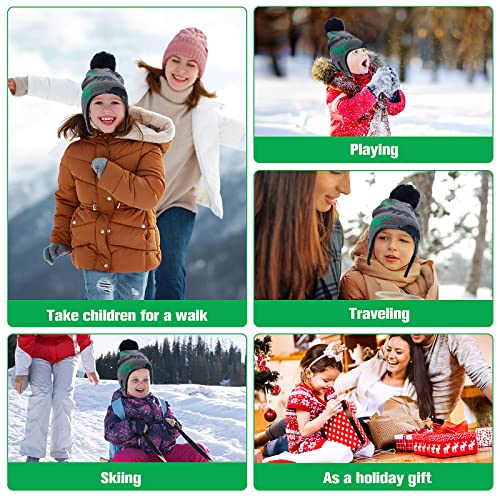 WLLHYF Boys Winter Hat Earflap Knitted Beanie for Kids Toddler Baby Hat Fleece Lining Dinosaur Cap with Pompom Warm Cute Children Cap for Boys Girls Gray