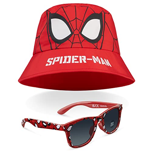 Marvel Bucket Hat and Kids Sunglasses Set for Boys Avengers Lightweight Sun Hat 100% UV Kids Sunglasses Boys Spiderman Holiday Summer Accessories Gifts for Boys (Red Spiderman)