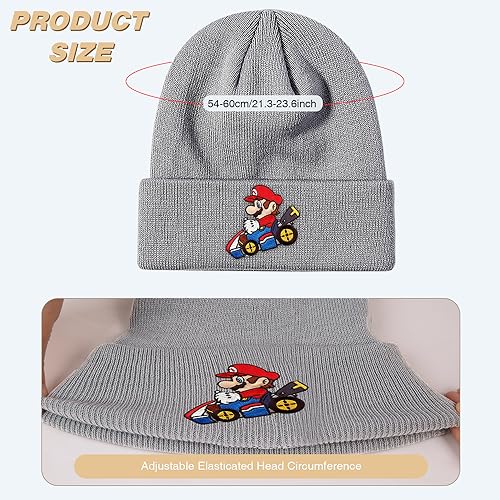 PADIEOE Mario Beanies Hat Knitted Hat for Children Mario Hat Soft Winter Daily Fisherman Beanie Knitted Cap Gifts for Kid Boys Girls (Grey)