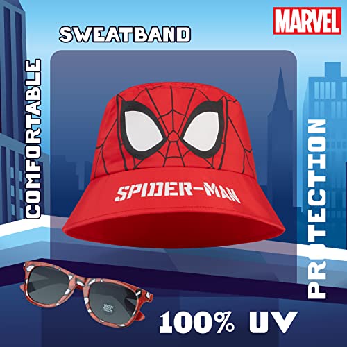 Marvel Bucket Hat and Kids Sunglasses Set for Boys Avengers Lightweight Sun Hat 100% UV Kids Sunglasses Boys Spiderman Holiday Summer Accessories Gifts for Boys (Red Spiderman)