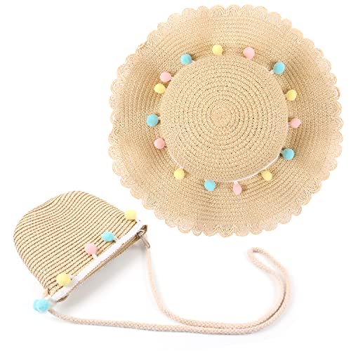 MAMUNU Girls Sun Hat and Mini Cross Body Bag Sets, Summer Beach Straw Hat and Mini Purse Set, Flower Straw Hat for Kids Girls Holiday Outdoor Activities Travel