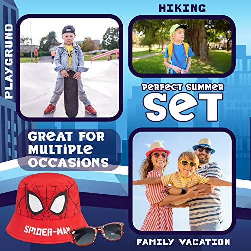 Marvel Bucket Hat and Kids Sunglasses Set for Boys Avengers Lightweight Sun Hat 100% UV Kids Sunglasses Boys Spiderman Holiday Summer Accessories Gifts for Boys (Red Spiderman)