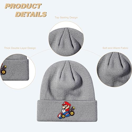 PADIEOE Mario Beanies Hat Knitted Hat for Children Mario Hat Soft Winter Daily Fisherman Beanie Knitted Cap Gifts for Kid Boys Girls (Grey)