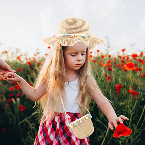MAMUNU Girls Sun Hat and Mini Cross Body Bag Sets, Summer Beach Straw Hat and Mini Purse Set, Flower Straw Hat for Kids Girls Holiday Outdoor Activities Travel