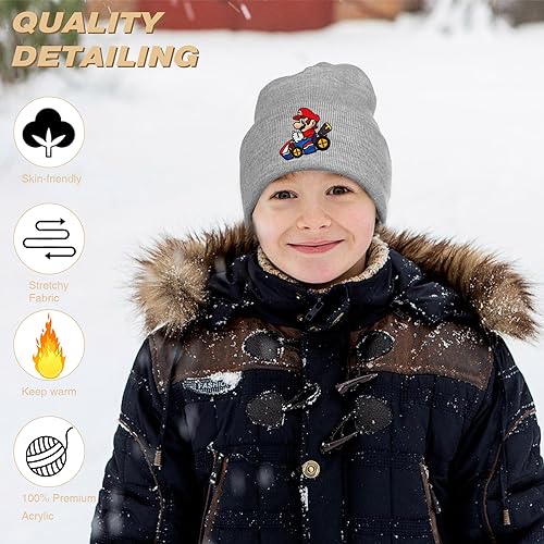 PADIEOE Mario Beanies Hat Knitted Hat for Children Mario Hat Soft Winter Daily Fisherman Beanie Knitted Cap Gifts for Kid Boys Girls (Grey)