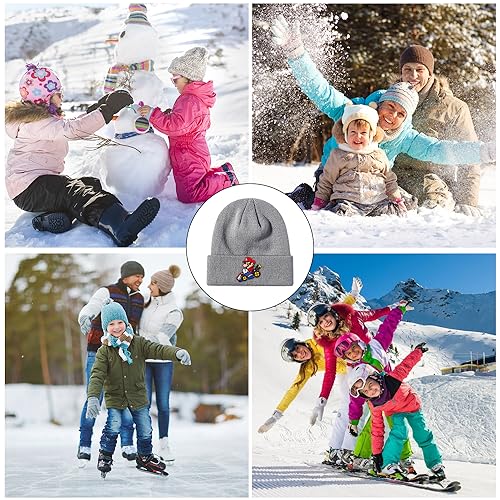 PADIEOE Mario Beanies Hat Knitted Hat for Children Mario Hat Soft Winter Daily Fisherman Beanie Knitted Cap Gifts for Kid Boys Girls (Grey)