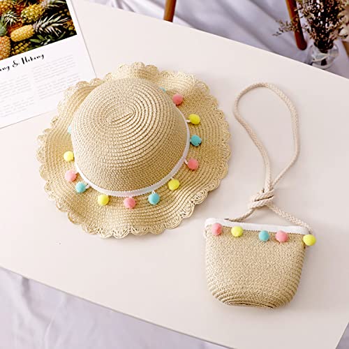 MAMUNU Girls Sun Hat and Mini Cross Body Bag Sets, Summer Beach Straw Hat and Mini Purse Set, Flower Straw Hat for Kids Girls Holiday Outdoor Activities Travel