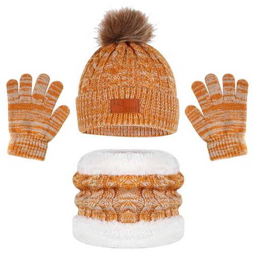 Winter Hats Gloves and Scarf Sets for Kids, Thermal Knit Crochet Thick Fluffy Toddler Cap Pom Bobble Hat Neck Warmer Girls Hat Scarf and Gloves Set for Children Outdoor Sports (Yellow)