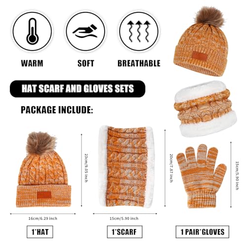 Winter Hats Gloves and Scarf Sets for Kids, Thermal Knit Crochet Thick Fluffy Toddler Cap Pom Bobble Hat Neck Warmer Girls Hat Scarf and Gloves Set for Children Outdoor Sports (Yellow)