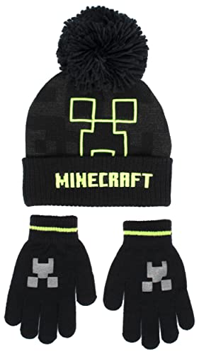 Minecraft - Children's Hat & Gloves Set - Black Woolly Hat & Gloves - Creeper Design - One Size Fits 6-12 Years - Official Merchandise