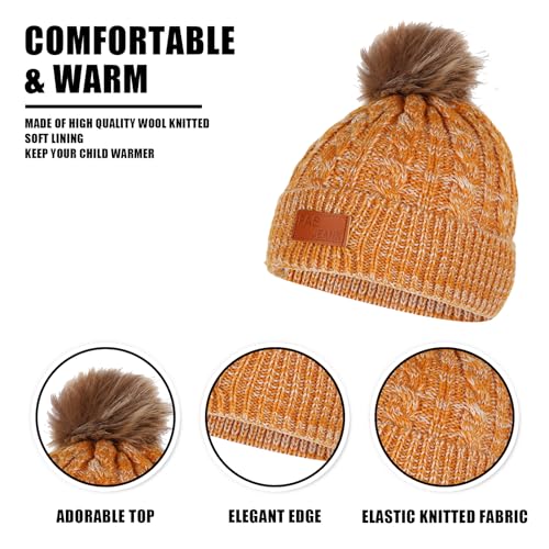 Winter Hats Gloves and Scarf Sets for Kids, Thermal Knit Crochet Thick Fluffy Toddler Cap Pom Bobble Hat Neck Warmer Girls Hat Scarf and Gloves Set for Children Outdoor Sports (Yellow)