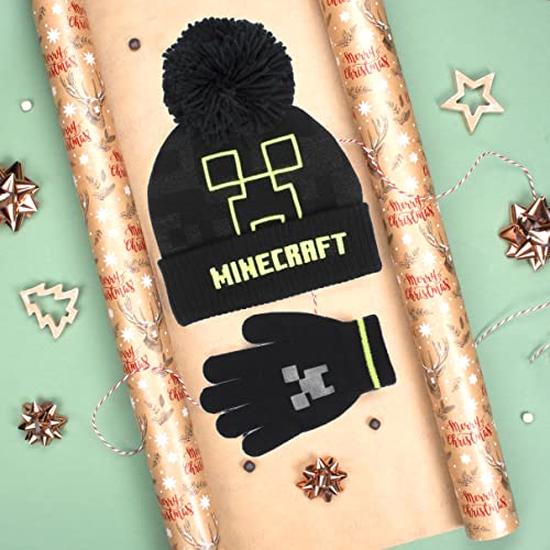 Minecraft - Children's Hat & Gloves Set - Black Woolly Hat & Gloves - Creeper Design - One Size Fits 6-12 Years - Official Merchandise