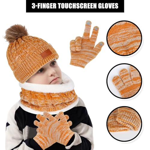 Winter Hats Gloves and Scarf Sets for Kids, Thermal Knit Crochet Thick Fluffy Toddler Cap Pom Bobble Hat Neck Warmer Girls Hat Scarf and Gloves Set for Children Outdoor Sports (Yellow)